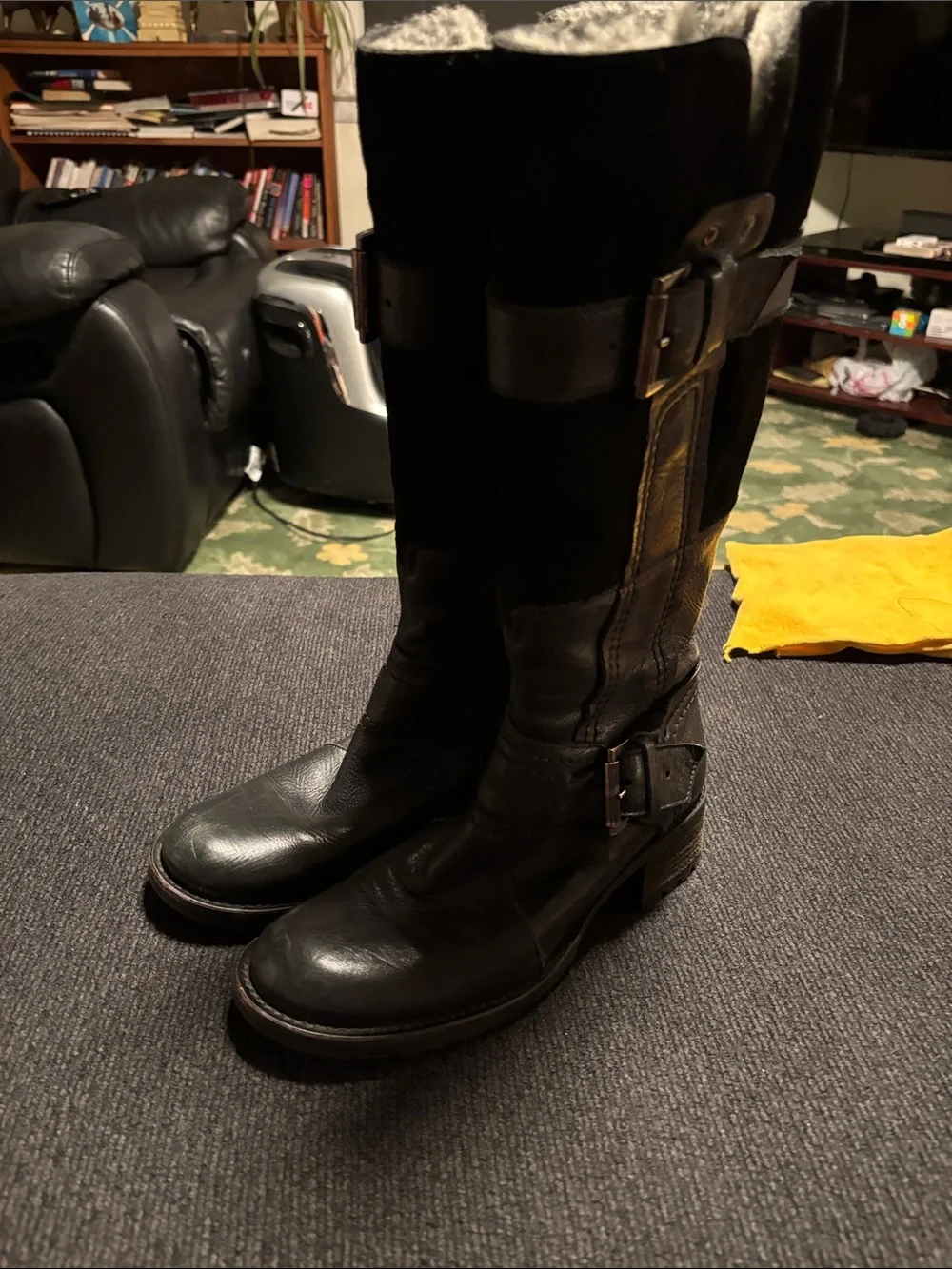Women's Black Leather Knee-High Winter Boots with Faux Shearling Trim